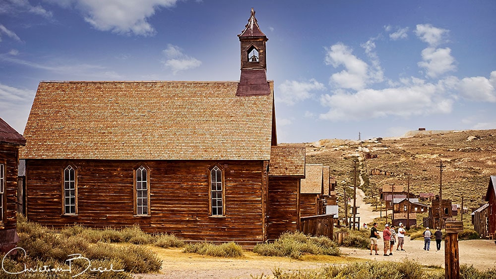 Bodie church and visitors